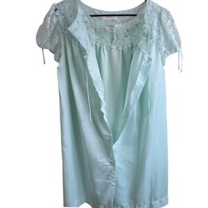 Barbizon Nightgown & Robe SET Pale Blue Lace Trim Short Sleeve Button Front M
